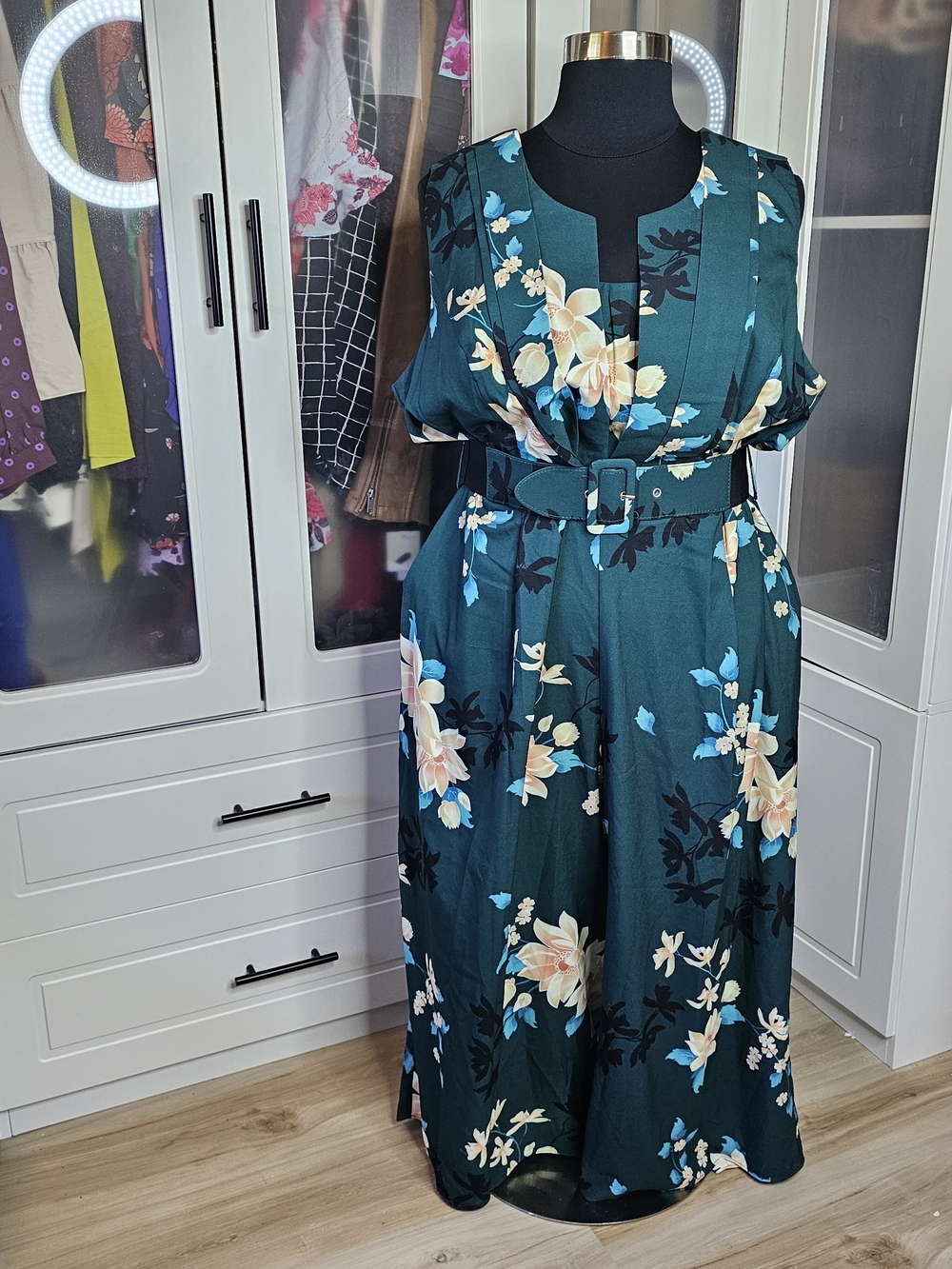 City Chic Teal Floral Belted Jumpsuit